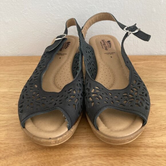 Spring Step Leather Slingback Sandals Navy Blue Lightweight Wedge Heels US 9 - Picture 2 of 11